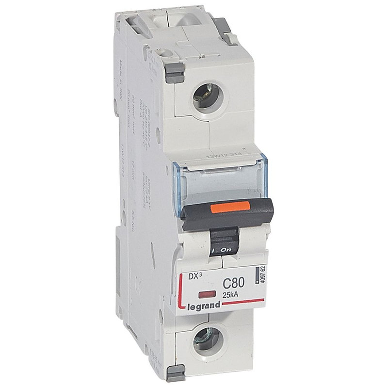 Legrand 409762 - Disjoncteur DX³ 25kA arrivée haute/départ bas vis 1P 80A -courbe C - 1,5 mod