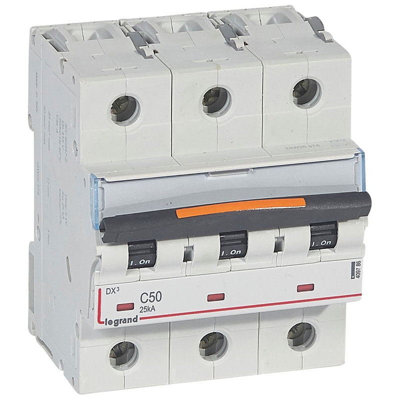 Legrand 409786 - Disjoncteur DX³ 25kA arrivée haute/départ bas vis 3P 50A -courbe C - 3,5 mod