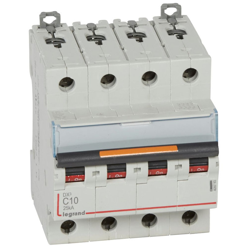 Legrand 409793 - Disjoncteur DX³ 25kA arrivée haut/départ bas vis 4P 400V~ 10A courbe C 4 modules