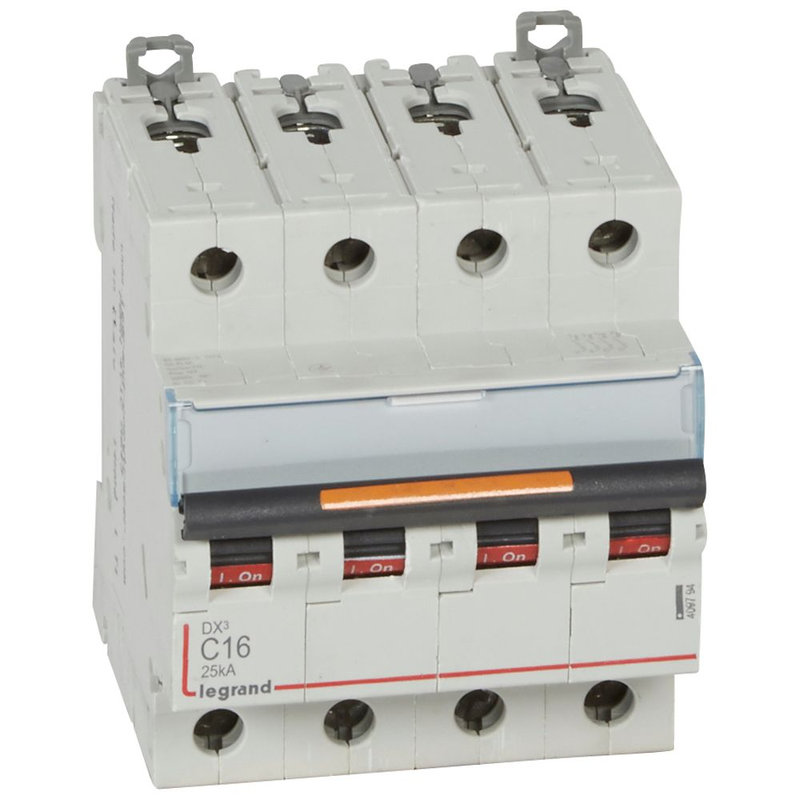 Legrand 409794 - Disjoncteur DX³ 25kA arrivée haut/départ bas vis 4P 400V~ 16A courbe C 4 modules