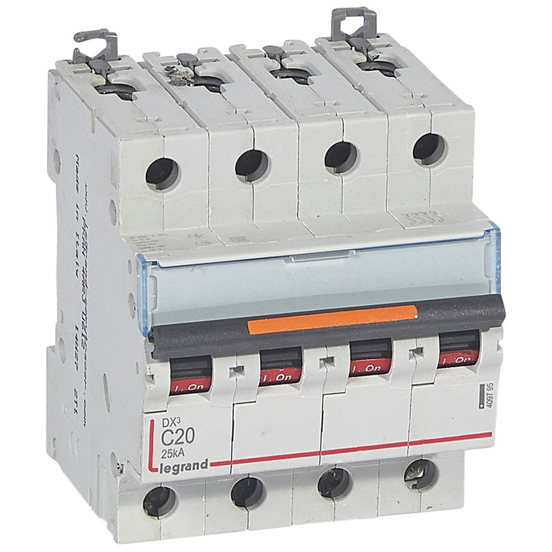 Legrand 409795 - Disjoncteur DX³ 25kA arrivée haut/départ bas vis 4P 400V~ 20A courbe C 4 modules