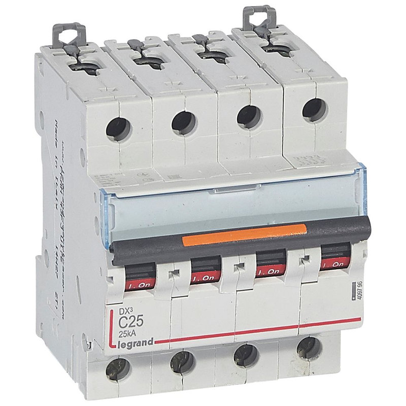 Legrand 409796 - Disjoncteur DX³ 25kA arrivée haut/départ bas vis 4P 400V~ 25A courbe C 4 modules