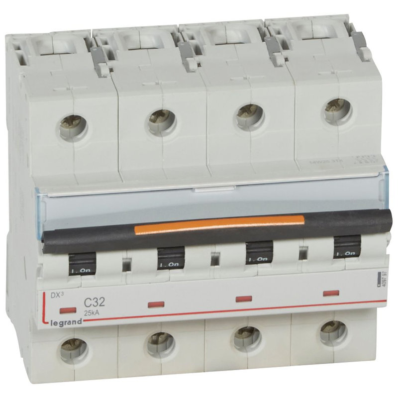 Legrand 409797 - Disjoncteur DX³ 25kA arrivée haut/départ bas vis 4P 400V~ 32A courbe C 6 modules