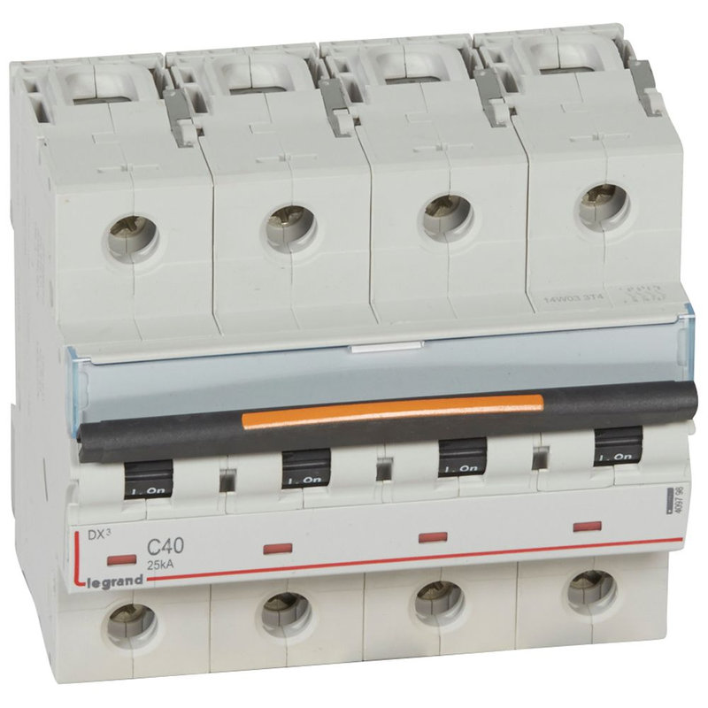 Legrand 409798 - Disjoncteur DX³ 25kA arrivée haut/départ bas vis 4P 400V~ 40A courbe C 6 modules