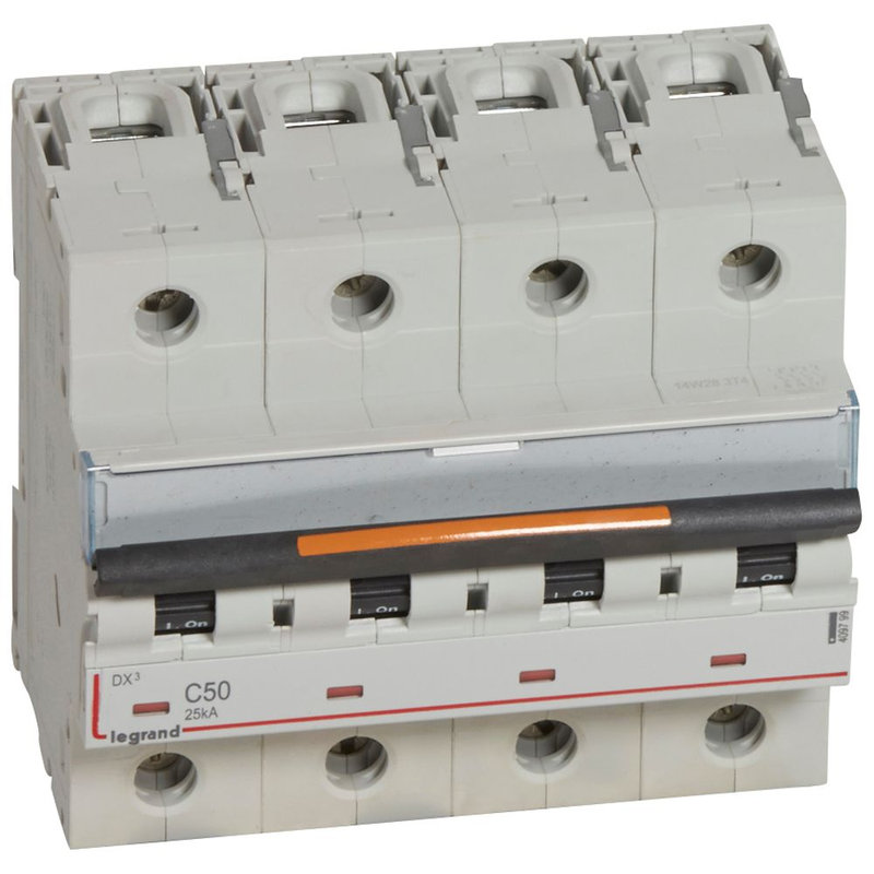 Legrand 409799 - Disjoncteur DX³ 25kA arrivée haut/départ bas vis 4P 400V~ 50A courbe C 6 modules