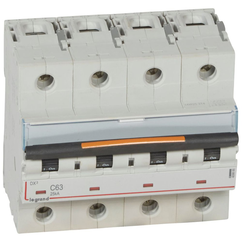 Legrand 409800 - Disjoncteur DX³ 25kA arrivée haut/départ bas vis 4P 400V~ 63A courbe C 6 modules