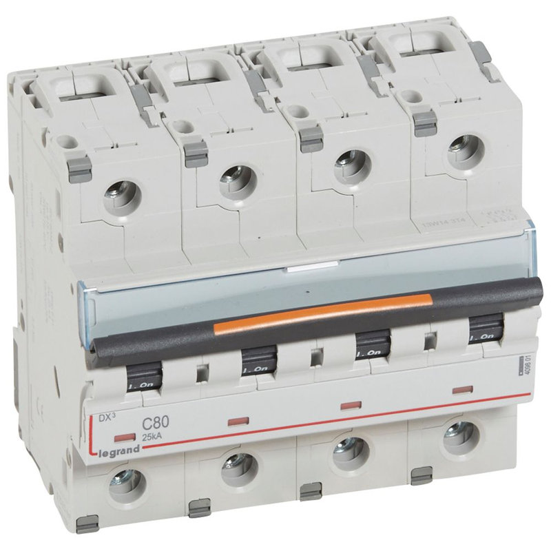 Legrand 409801 - Disjoncteur DX³ 25kA arrivée haut/départ bas vis 4P 400V~ 80A courbe C 6 modules