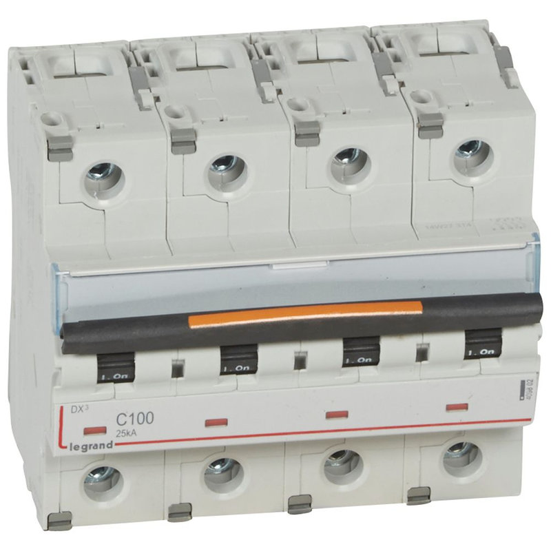 Legrand 409802 - Disjoncteur DX³ 25kA arrivée haut/départ bas vis 4P 100A - courbe C - 6 modules
