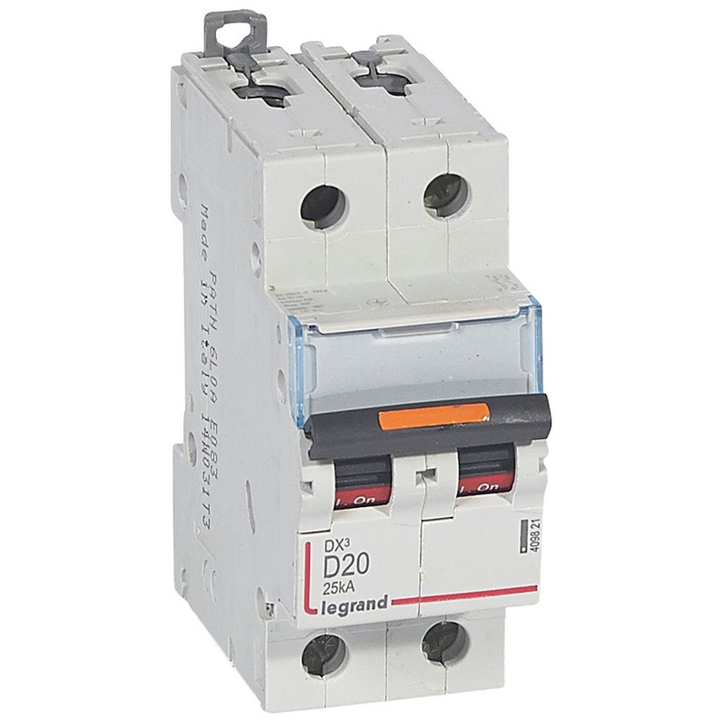 Legrand 409821 - Disjoncteur DX³ 25kA arrivée haute/départ bas vis 2P 20A -courbe D - 2 mod