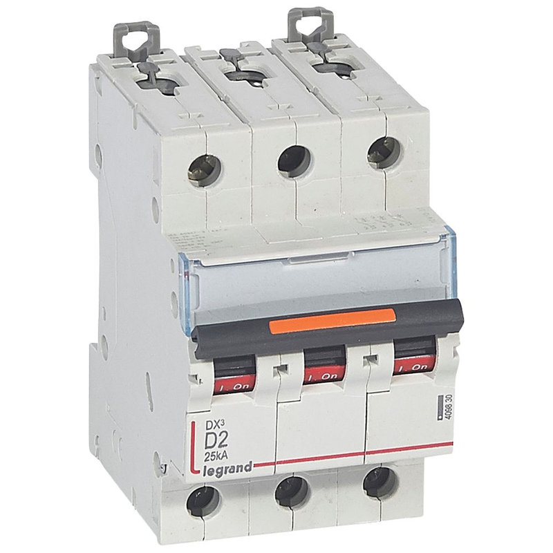 Legrand 409830 - Disjoncteur DX³ 25kA arrivée haute/départ bas vis 3P 2A -courbe D - 3 mod