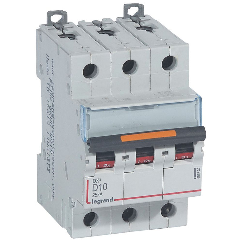 Legrand 409832 - Disjoncteur DX³ 25kA arrivée haute/départ bas vis 3P 10A -courbe D - 3 mod
