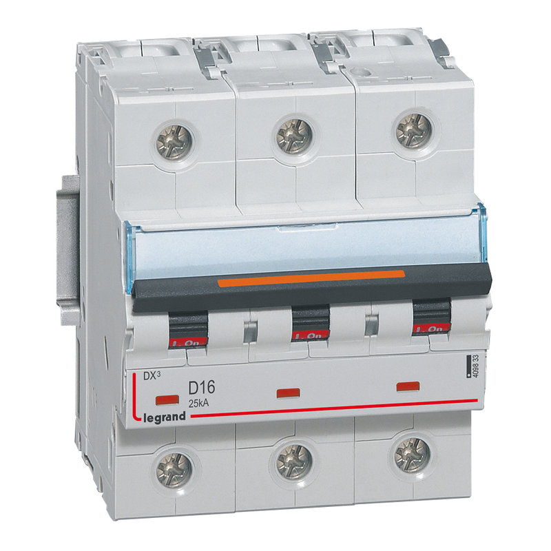 Legrand 409833 - Disjoncteur DX³ 25kA arrivée haute/départ bas vis 3P 16A -courbe D - 4,5 mod