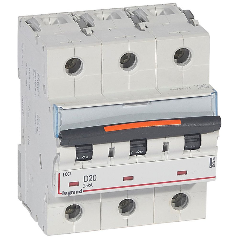 Legrand 409834 - Disjoncteur DX³ 25kA arrivée haute/départ bas vis 3P 20A -courbe D - 4,5 mod