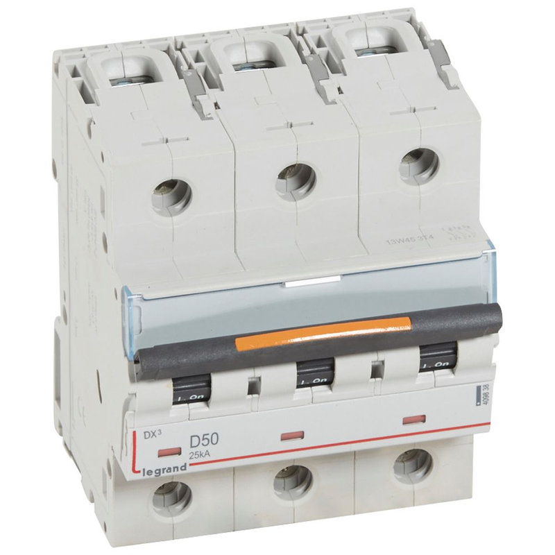 Legrand 409838 - Disjoncteur DX³ 25kA arrivée haute/départ bas vis 3P 50A -courbe D - 4,5 mod
