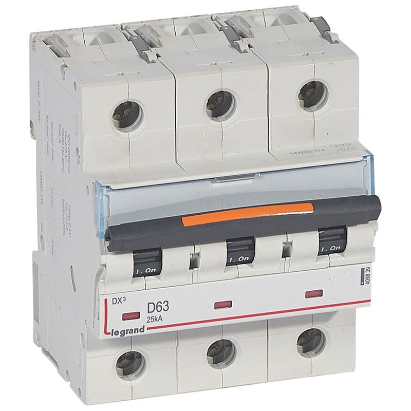 Legrand 409839 - Disjoncteur DX³ 25kA arrivée haute/départ bas vis 3P 63A -courbe D - 4,5 mod