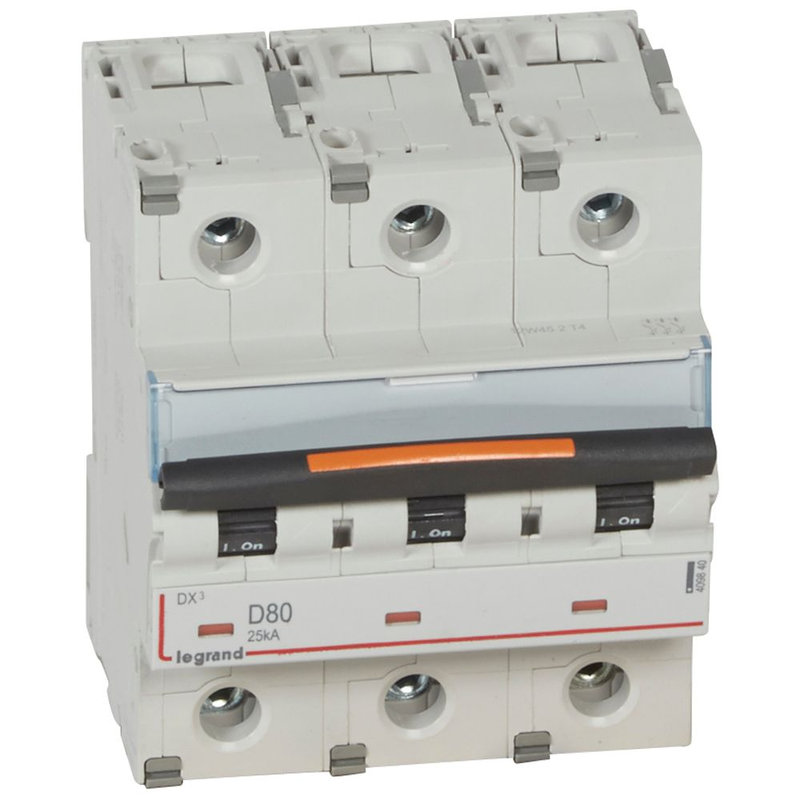 Legrand 409840 - Disjoncteur DX³ 25kA arrivée haute/départ bas vis 3P 80A -courbe D - 4,5 mod