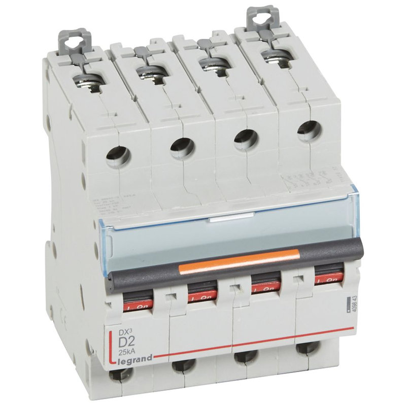 Legrand 409843 - Disjoncteur DX³ 25kA arrivée haute/départ bas vis 4P 2A -courbe D - 4 mod