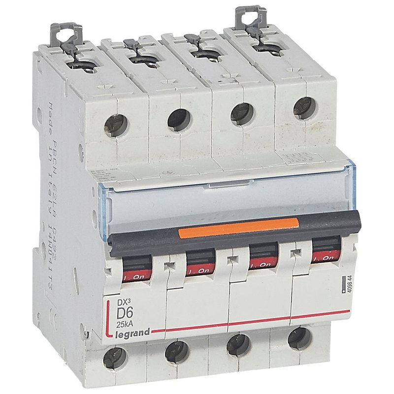 Legrand 409844 - Disjoncteur DX³ 25kA arrivée haute/départ bas vis 4P 6A -courbe D - 4 mod