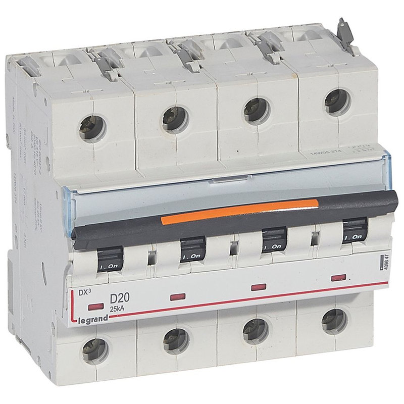 Legrand 409847 - Disjoncteur DX³ 25kA arrivée haute/départ bas vis 4P 20A -courbe D - 6 mod