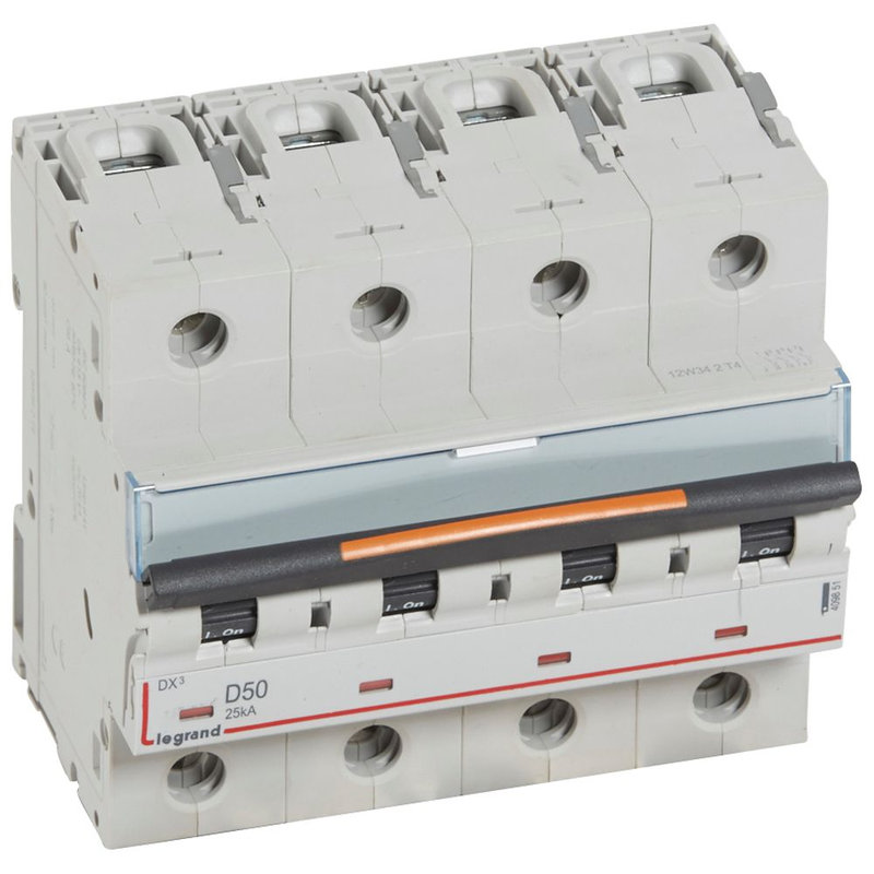 Legrand 409851 - Disjoncteur DX³ 25kA arrivée haute/départ bas vis 4P 50A -courbe D - 6 mod