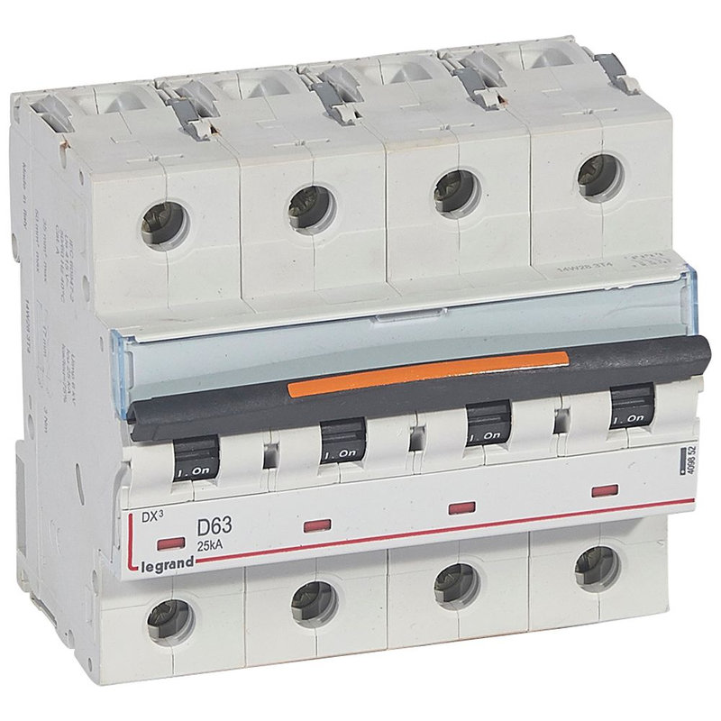 Legrand 409852 - Disjoncteur DX³ 25kA arrivée haute/départ bas vis 4P 63A -courbe D - 6 mod