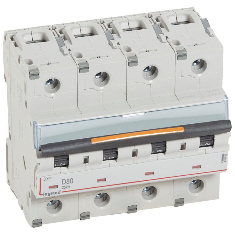 Legrand 409853 - Disjoncteur DX³ 25kA arrivée haute/départ bas vis 4P 80A -courbe D - 6 mod