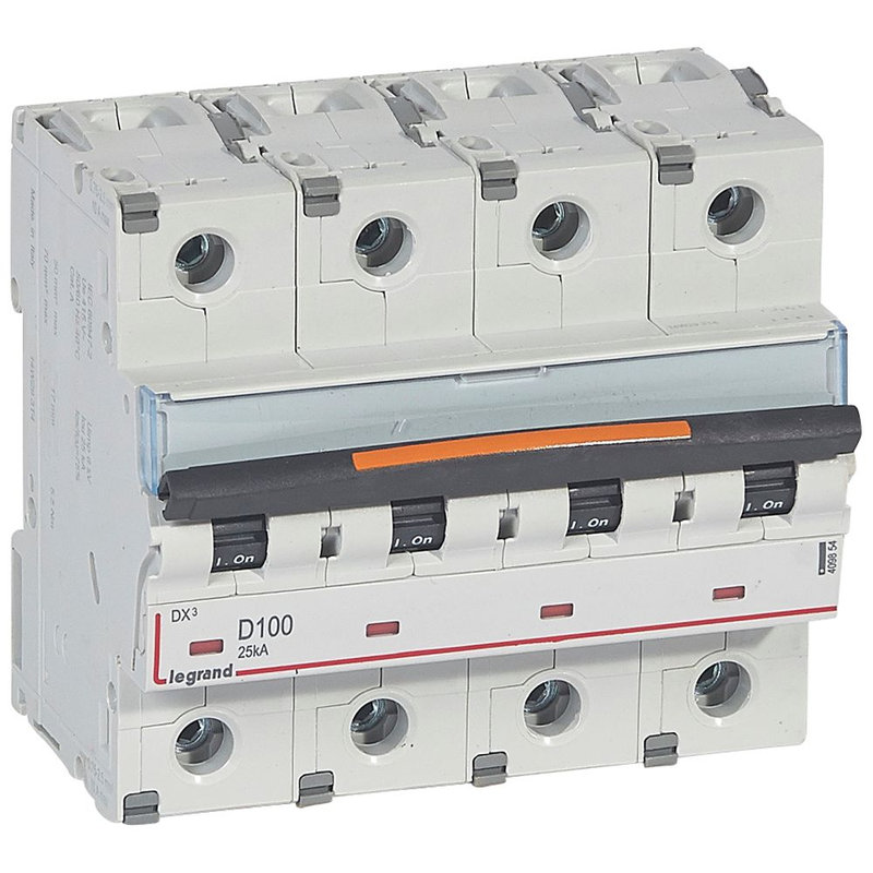 Legrand 409854 - Disjoncteur DX³ 25kA arrivée haute/départ bas vis 4P 100A -courbe D - 6 mod