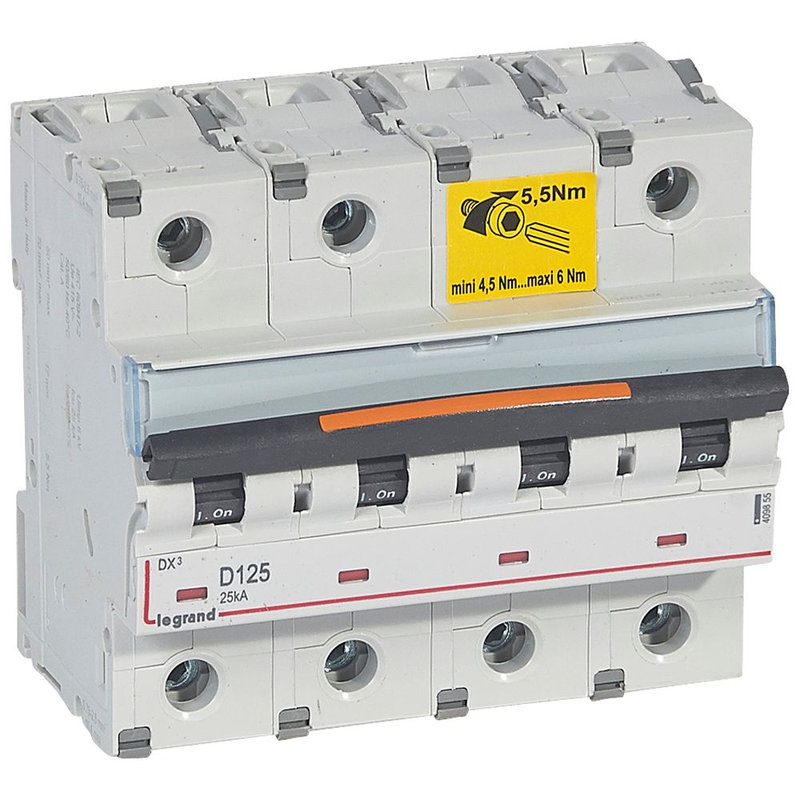 Legrand 409855 - Disjoncteur DX³ 25kA arrivée haut/départ bas vis 4P 125A - courbe D - 6 modules