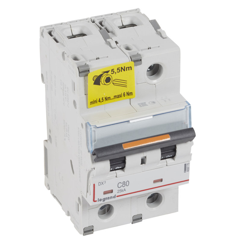 Legrand 409775 - Disjoncteur DX³ 25kA arrivée haute/départ bas vis 2P 80A -courbe C - 3 mod