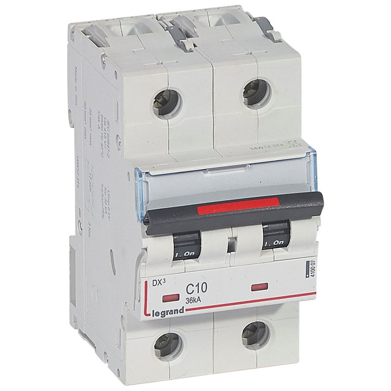 Legrand 410007 - Disjoncteur DX³ 36kA arrivée haute/départ bas vis 2P 10A - courbe C - 3 mod