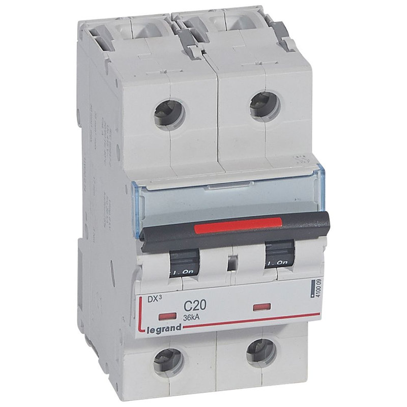 Legrand 410009 - Disjoncteur DX³ 36kA arrivée haute/départ bas vis 2P 20A - courbe C - 3 mod
