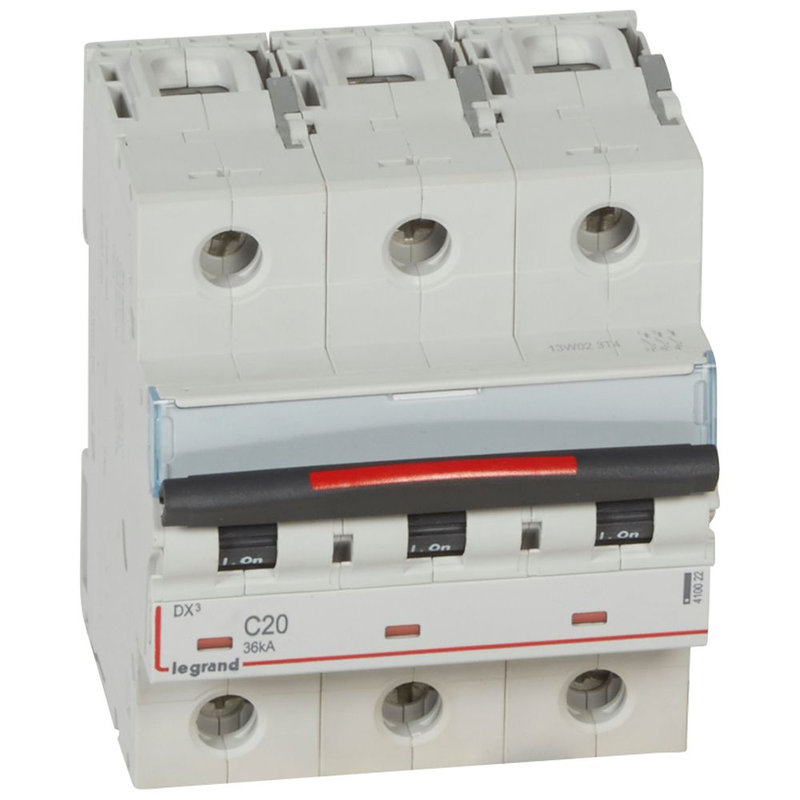 Legrand 410022 - Disjoncteur DX³ 36kA arrivée haute/départ bas vis 3P 20A - courbe C - 4,5 mod