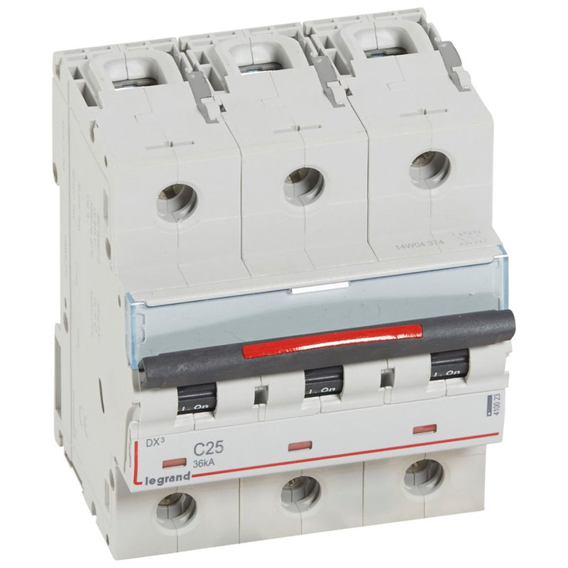 Legrand 410023 - Disjoncteur DX³ 36kA arrivée haute/départ bas vis 3P 25A - courbe C - 4,5 mod