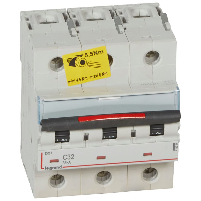 Legrand 410024 - Disjoncteur DX³ 36kA arrivée haute/départ bas vis 3P 32A - courbe C - 4,5 mod