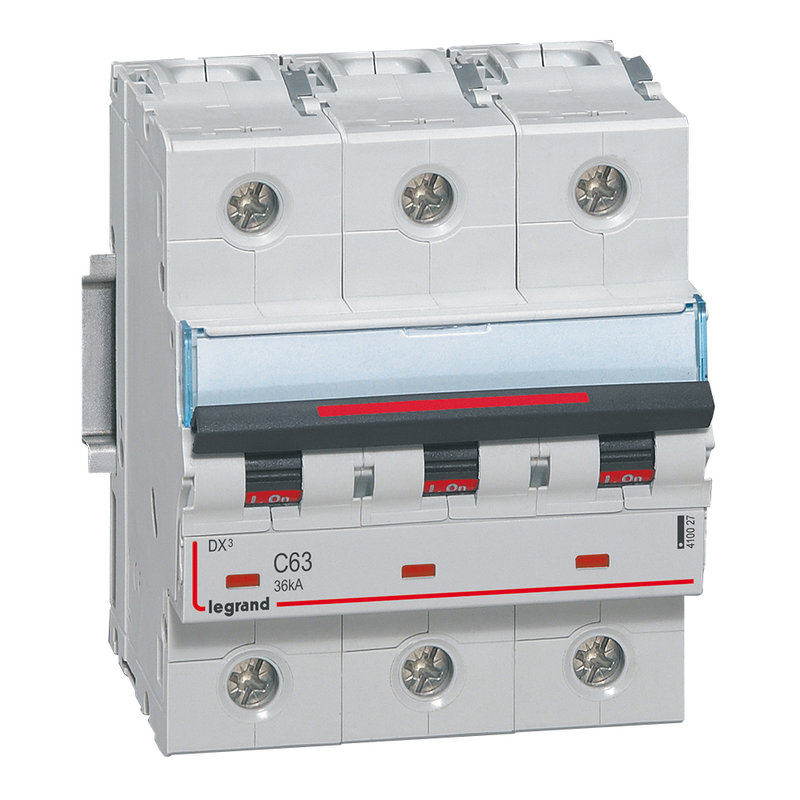 Legrand 410027 - Disjoncteur DX³ 36kA arrivée haute/départ bas vis 3P 63A - courbe C - 4,5 mod