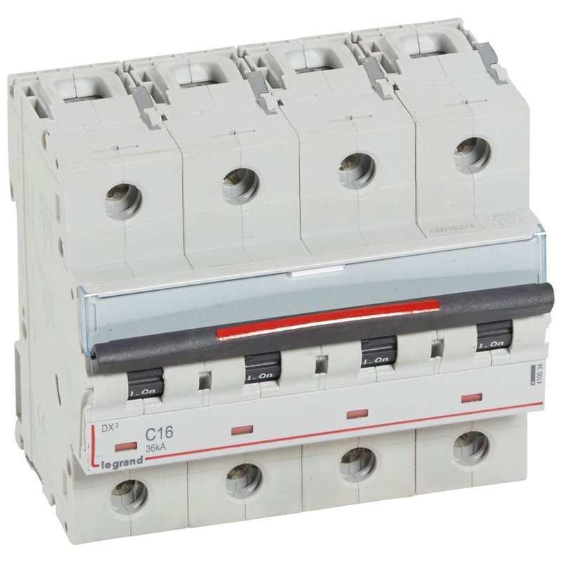 Legrand 410034 - Disjoncteur DX³ 36kA arrivée haute/départ bas vis 4P 16A - courbe C - 6 mod