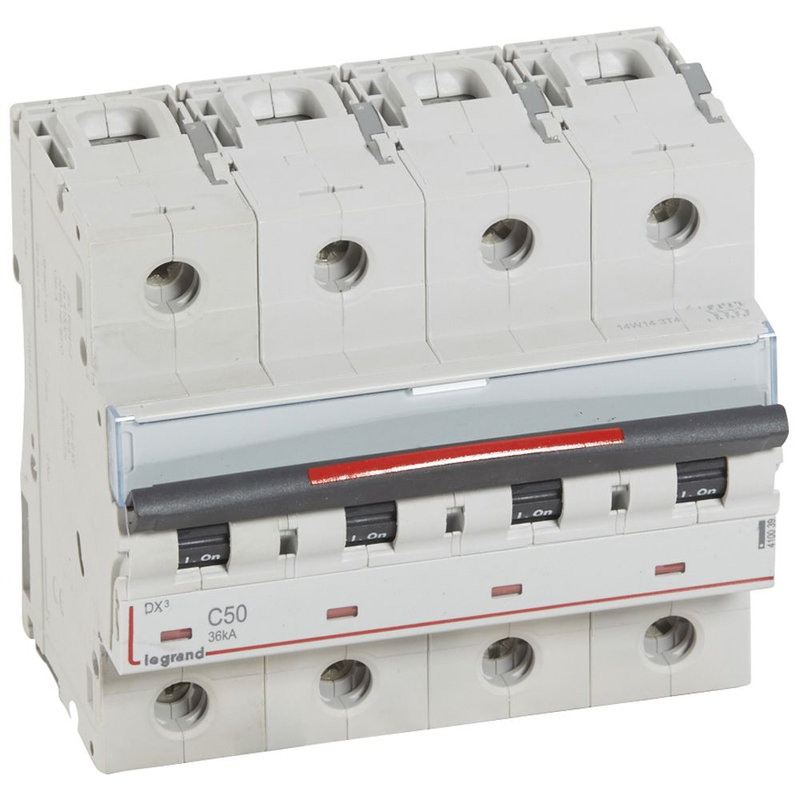 Legrand 410039 - Disjoncteur DX³ 36kA arrivée haute/départ bas vis 4P 50A - courbe C - 6 mod