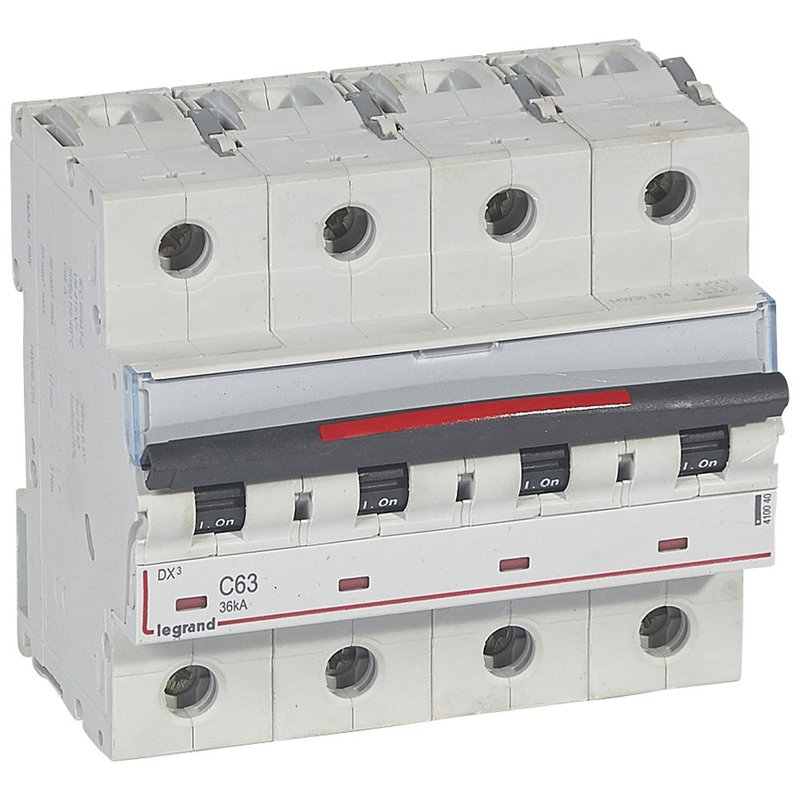 Legrand 410040 - Disjoncteur DX³ 36kA arrivée haute/départ bas vis 4P 63A - courbe C - 6 mod