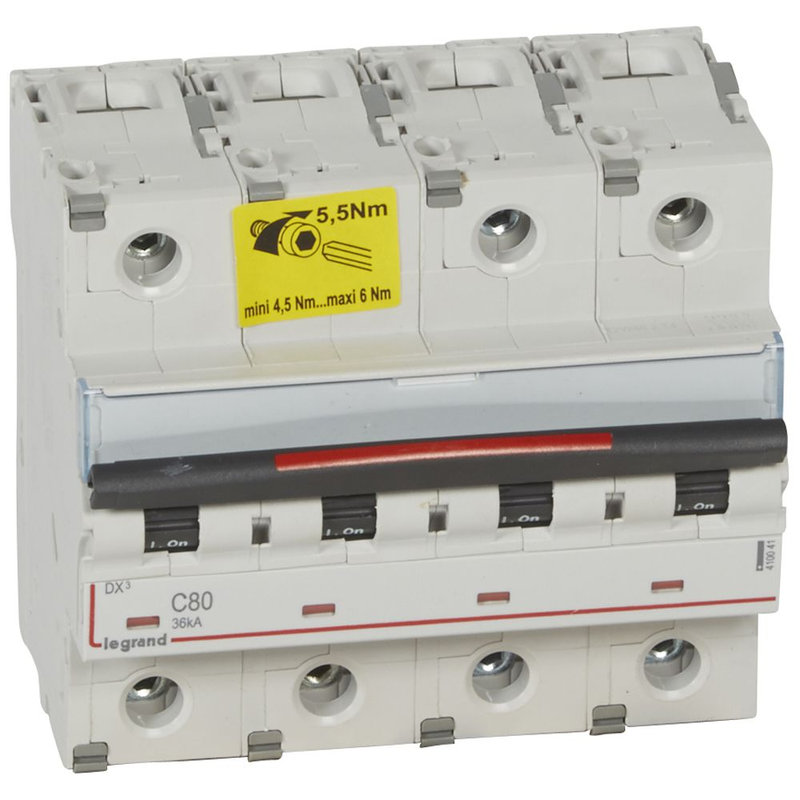 Legrand 410041 - Disjoncteur DX³ 36kA arrivée haute/départ bas vis 4P 80A - courbe C - 6 mod