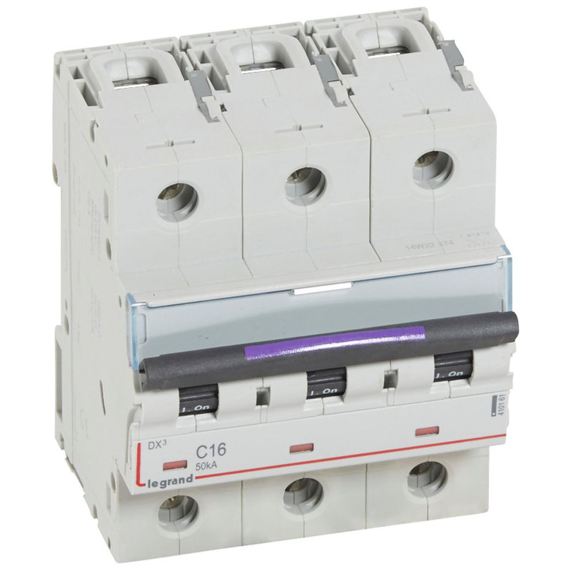 Legrand 410161 - Disjoncteur DX³ 50kA arrivée haute/départ bas vis 3P 16A - courbe C - 4,5 mod