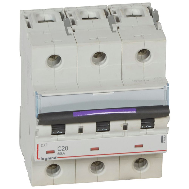 Legrand 410162 - Disjoncteur DX³ 50kA arrivée haute/départ bas vis 3P 20A - courbe C - 4,5 mod