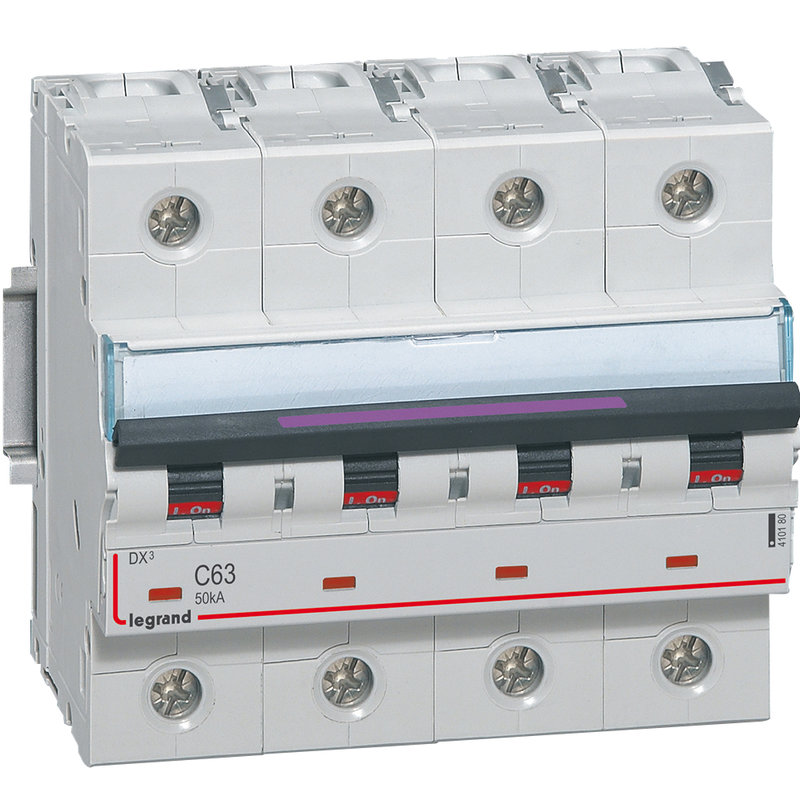 Legrand 410180 - Disjoncteur DX³ 50kA arrivée haut/départ bas vis 4P 400V~ 63A courbe C 6 modules