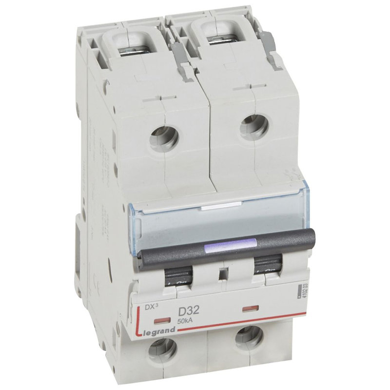 Legrand 410203 - Disjoncteur DX³ 50kA arrivée haute/départ bas vis 2P 32A - courbe D - 3 mod