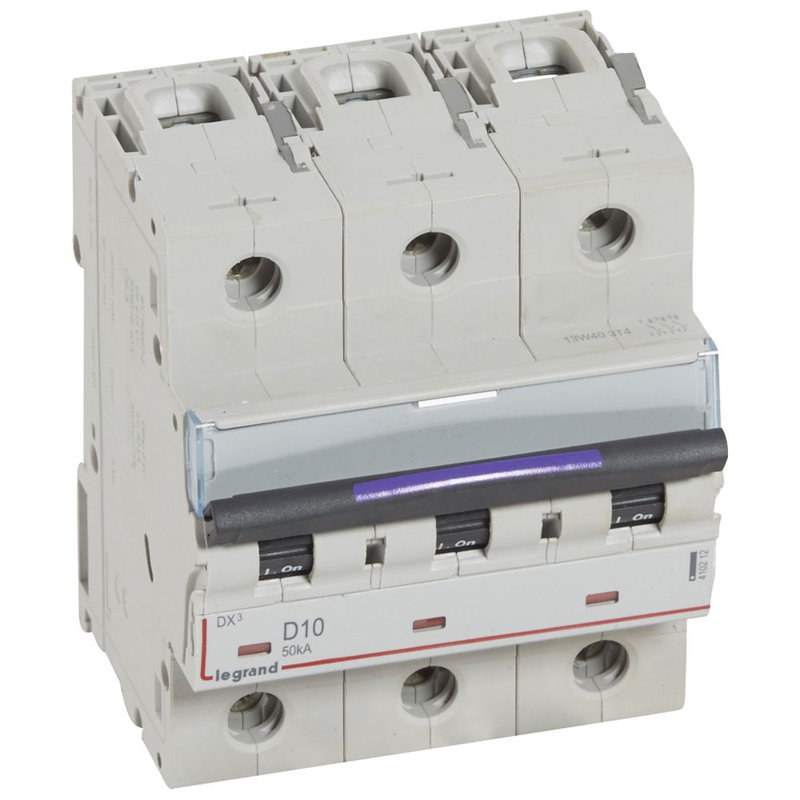 Legrand 410212 - Disjoncteur DX³ 50kA arrivée haute/départ bas vis 3P 10A - courbe D - 4,5 mod
