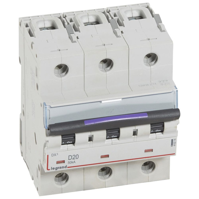 Legrand 410214 - Disjoncteur DX³ 50kA arrivée haute/départ bas vis 3P 20A - courbe D - 4,5 mod