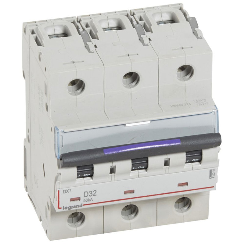 Legrand 410216 - Disjoncteur DX³ 50kA arrivée haute/départ bas vis 3P 32A - courbe D - 4,5 mod