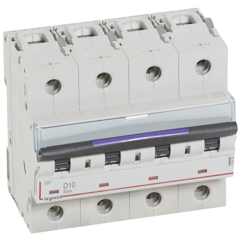 Legrand 410225 - Disjoncteur DX³ 50kA arrivée haute/départ bas vis 4P 10A - courbe D - 6 mod