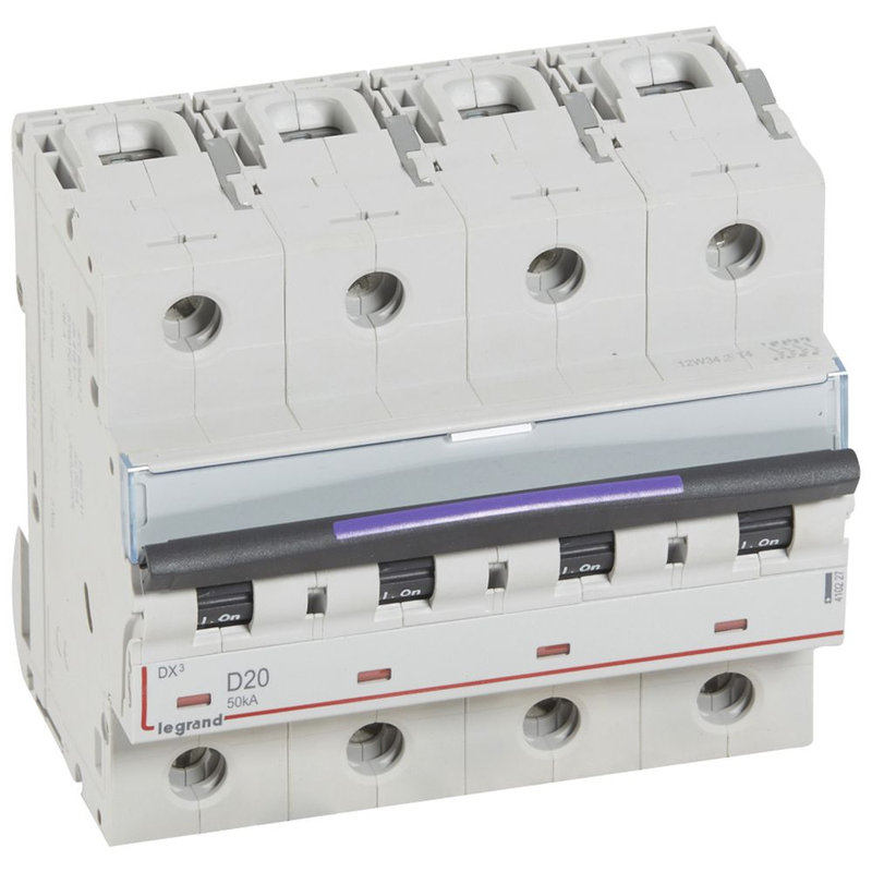 Legrand 410227 - Disjoncteur DX³ 50kA arrivée haute/départ bas vis 4P 20A - courbe D - 6 mod