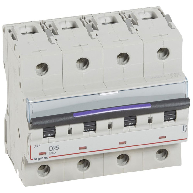 Legrand 410228 - Disjoncteur DX³ 50kA arrivée haute/départ bas vis 4P 25A - courbe D - 6 mod