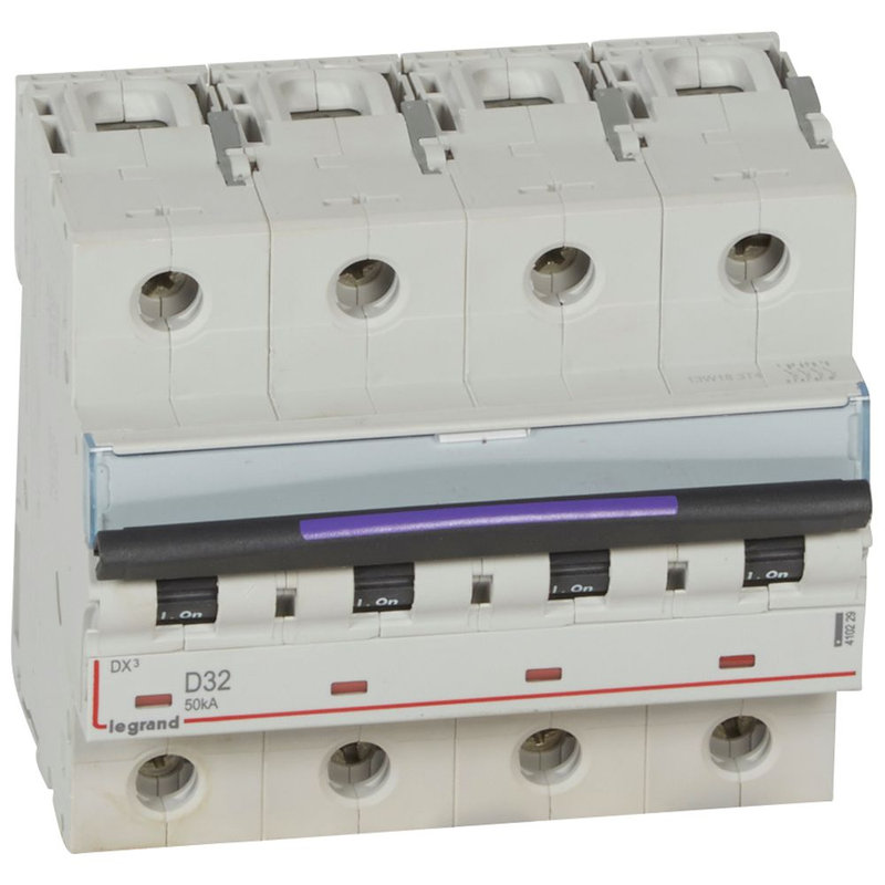 Legrand 410229 - Disjoncteur DX³ 50kA arrivée haute/départ bas vis 4P 32A - courbe D - 6 mod